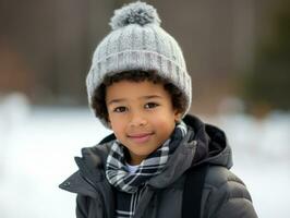 africano americano criança goza a inverno Nevado dia dentro brincalhão emocional dinâmico pose ai generativo foto