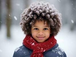 africano americano criança goza a inverno Nevado dia dentro brincalhão emocional dinâmico pose ai generativo foto