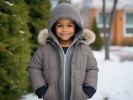 africano americano criança goza a inverno Nevado dia dentro brincalhão emocional dinâmico pose ai generativo foto