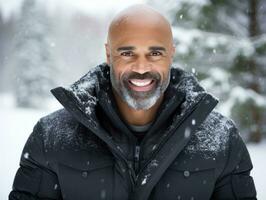 africano americano homem goza a inverno Nevado dia dentro brincalhão emocional dinâmico pose ai generativo foto