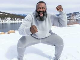 africano americano homem goza a inverno Nevado dia dentro brincalhão emocional dinâmico pose ai generativo foto