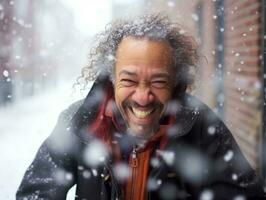 africano americano homem goza a inverno Nevado dia dentro brincalhão emocional dinâmico pose ai generativo foto