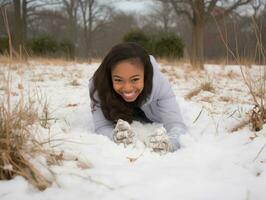 africano americano mulher goza a inverno Nevado dia dentro brincalhão emocional dinâmico pose ai generativo foto