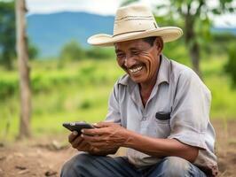 velho homem a partir de Colômbia usando uma Smartphone para conectados comunicação ai generativo foto