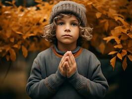 europeu criança dentro brincalhão emocional dinâmico pose em outono fundo ai generativo foto