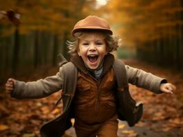 europeu criança dentro brincalhão emocional dinâmico pose em outono fundo ai generativo foto