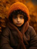 indiano criança dentro brincalhão emocional dinâmico pose em outono fundo ai generativo foto