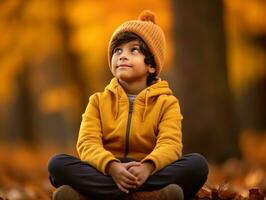 indiano criança dentro brincalhão emocional dinâmico pose em outono fundo ai generativo foto