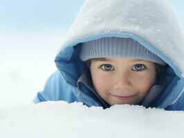 criança goza a inverno Nevado dia dentro brincalhão pose ai generativo foto