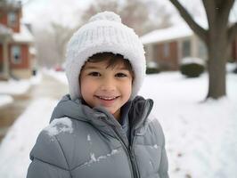 criança goza a inverno Nevado dia dentro brincalhão pose ai generativo foto