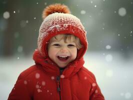criança goza a inverno Nevado dia dentro brincalhão pose ai generativo foto