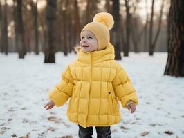 criança goza a inverno Nevado dia dentro brincalhão pose ai generativo foto