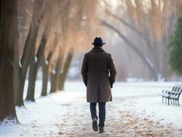 homem goza uma vagaroso andar em uma inverno dia ai generativo foto