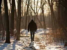 homem goza uma vagaroso andar em uma inverno dia ai generativo foto