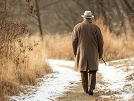 homem goza uma vagaroso andar em uma inverno dia ai generativo foto