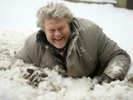 homem goza a inverno Nevado dia dentro brincalhão pose ai generativo foto