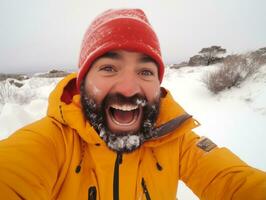 homem goza a inverno Nevado dia dentro brincalhão pose ai generativo foto