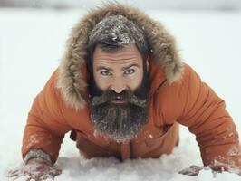 homem goza a inverno Nevado dia dentro brincalhão pose ai generativo foto