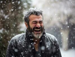 homem goza a inverno Nevado dia dentro brincalhão pose ai generativo foto