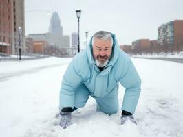 homem goza a inverno Nevado dia dentro brincalhão pose ai generativo foto