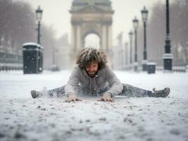 homem goza a inverno Nevado dia dentro brincalhão pose ai generativo foto