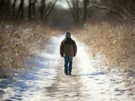 criança goza uma vagaroso andar dentro uma inverno dia ai generativo foto