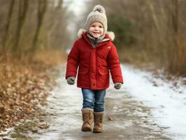 criança goza uma vagaroso andar dentro uma inverno dia ai generativo foto