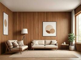 uma vivo quarto com madeira painéis e uma branco sofá. ai gerado foto