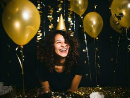 mulher atendendo uma Novo ano véspera festa dentro a elegante vestido ai generativo foto