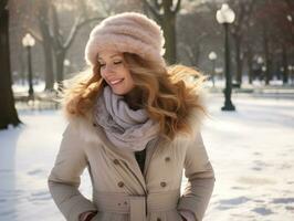 mulher goza dentro a inverno dia dentro emocional brincalhão pose ai generativo foto