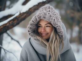 mulher goza dentro a inverno dia dentro emocional brincalhão pose ai generativo foto