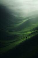 generativo ai, cênico verde colinas dentro a nuvens, lindo natureza panorama aéreo panorama, montanhas, aéreo fotografia foto