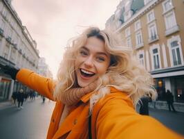 mulher goza dentro a inverno dia dentro emocional brincalhão pose ai generativo foto