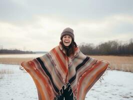 mulher goza dentro a inverno dia dentro emocional brincalhão pose ai generativo foto