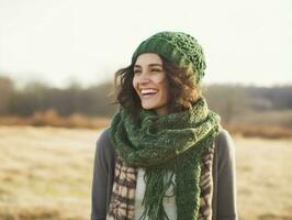 mulher goza dentro a inverno dia dentro emocional brincalhão pose ai generativo foto