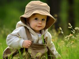 adorável bebê explorando a natureza ai generativo foto