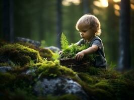 adorável bebê explorando a natureza ai generativo foto