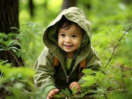 adorável bebê explorando a natureza ai generativo foto