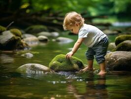 adorável bebê explorando a natureza ai generativo foto