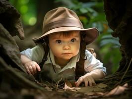 adorável bebê explorando a natureza ai generativo foto