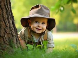 adorável bebê explorando a natureza ai generativo foto