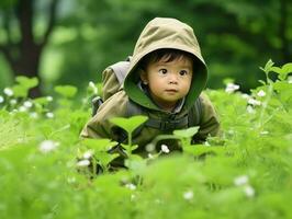 adorável bebê explorando a natureza ai generativo foto