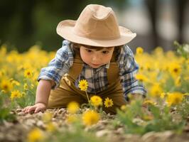 adorável bebê explorando a natureza ai generativo foto