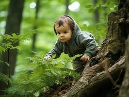 adorável bebê explorando a natureza ai generativo foto