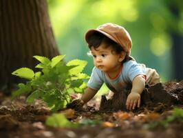 adorável bebê explorando a natureza ai generativo foto