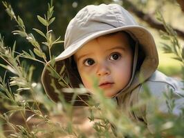 adorável bebê explorando a natureza ai generativo foto