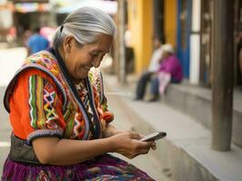 velho mulher a partir de Colômbia usando uma Smartphone para conectados comunicação ai generativo foto