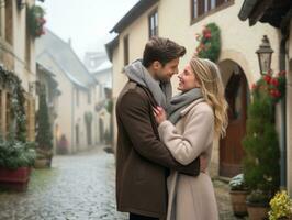 amoroso casal é desfrutando uma romântico inverno dia ai generativo foto