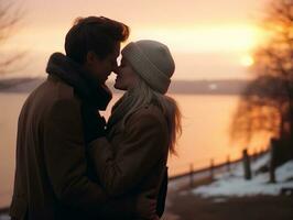 amoroso casal é desfrutando uma romântico inverno dia ai generativo foto