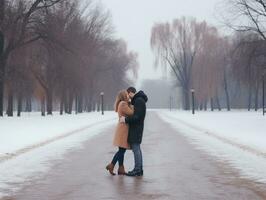 amoroso casal é desfrutando uma romântico inverno dia ai generativo foto